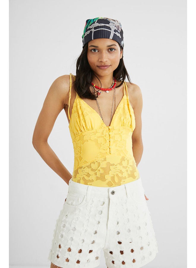 ديسيجوال Casual Plain Basic Sleeveless Bodysuit Yellow - Image 1