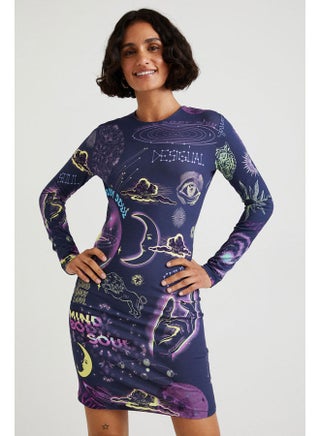 Casual Printed Long Sleeve Dresses Blue