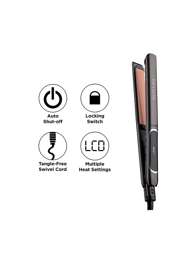 Revlon Revlon Salon Copper Smooth Styler Straightener, Auto Shut Off, Auto dual voltage, 30 LCD heat settings, 10s fast heat setup. Colour fade control. Black 125mm