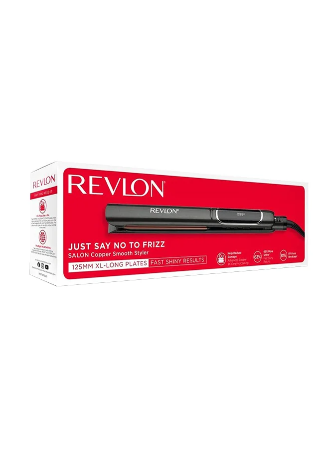 Revlon Revlon Salon Copper Smooth Styler Straightener, Auto Shut Off, Auto dual voltage, 30 LCD heat settings, 10s fast heat setup. Colour fade control. Black 125mm
