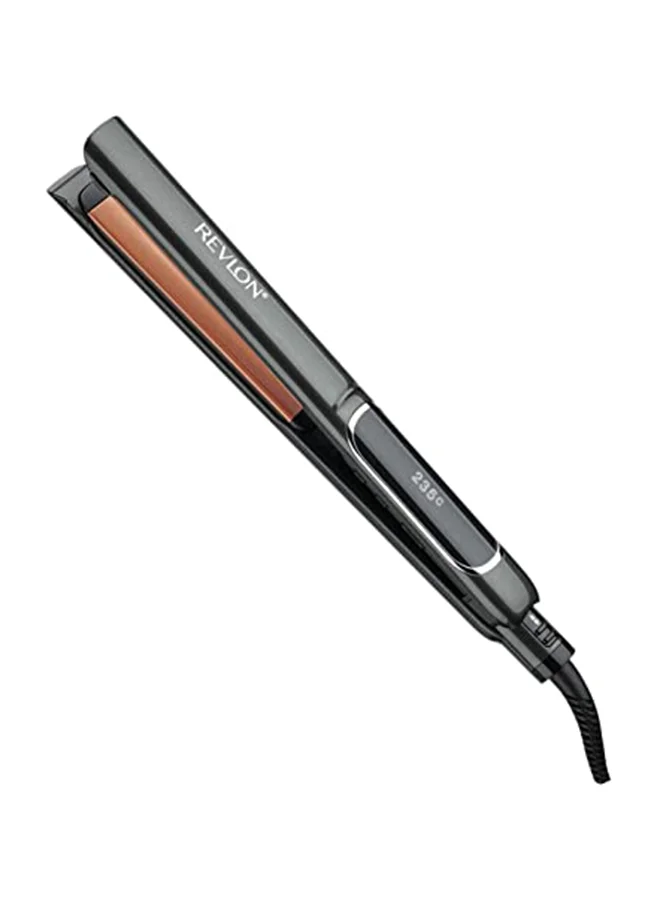 Revlon Revlon Salon Copper Smooth Styler Straightener, Auto Shut Off, Auto dual voltage, 30 LCD heat settings, 10s fast heat setup. Colour fade control. Black 125mm