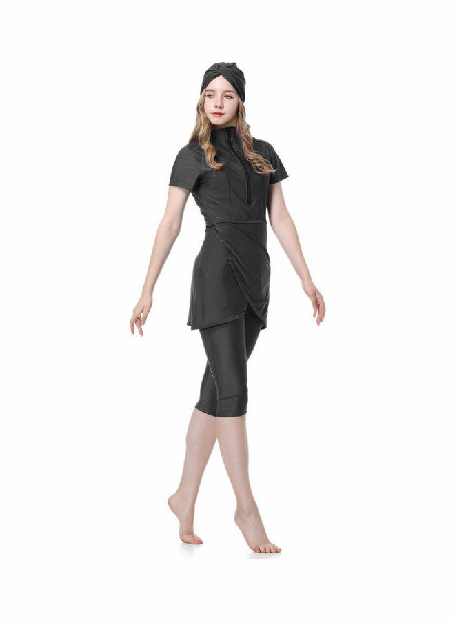 Joychic - Classic Simple Design Short Sleeve Burkini Swimsuits Black - Image 1