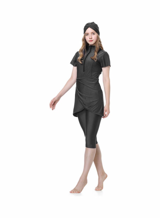Joychic - Classic Simple Design Short Sleeve Burkini Swimsuits Black - Image 1