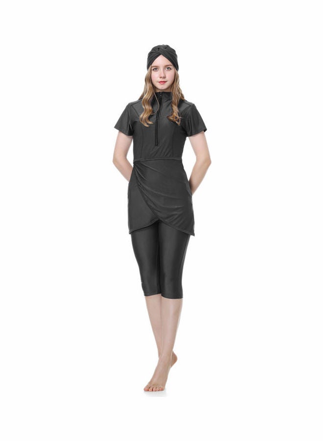 Joychic - Classic Simple Design Short Sleeve Burkini Swimsuits Black - Image 1
