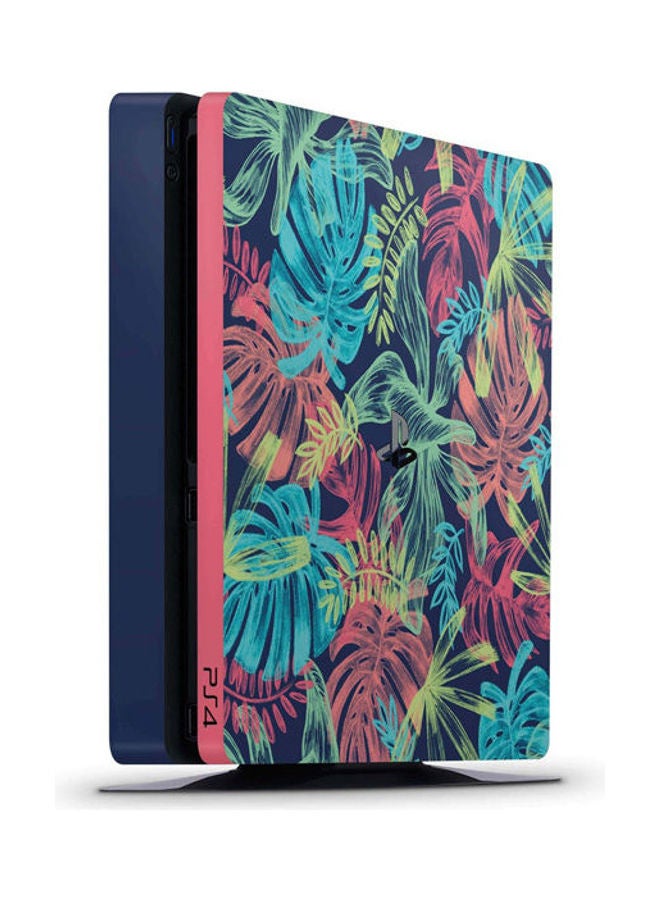 غلاف حماية لاصق ملائم لجهاز الألعاب بلايستيشن 4 سليم بتصميم أوراق شجر استوائية (تروبيكال) بألوان النيون