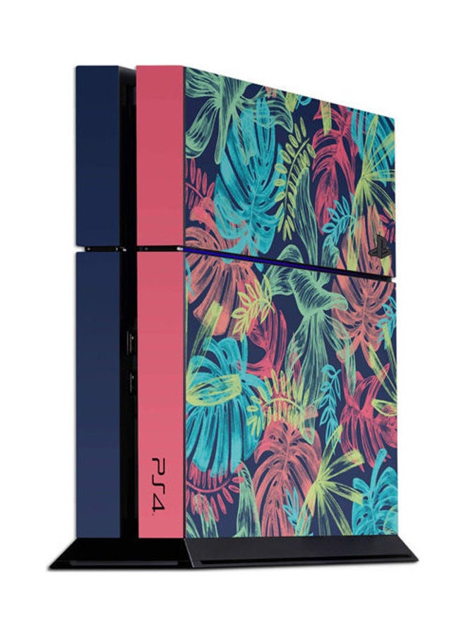 غلاف حماية لاصق ملائم لجهاز الألعاب بلايستيشن 4 بتصميم أوراق أشجار استوائية بألوان النيون