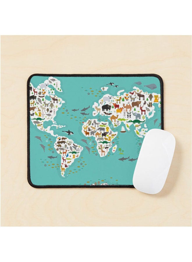 Cartoon Animal World Map For Children And Kids Animals From All Over The World White Continents And Islands On Blue Background Of Ocean And Sea Mouse Pad Multicolour