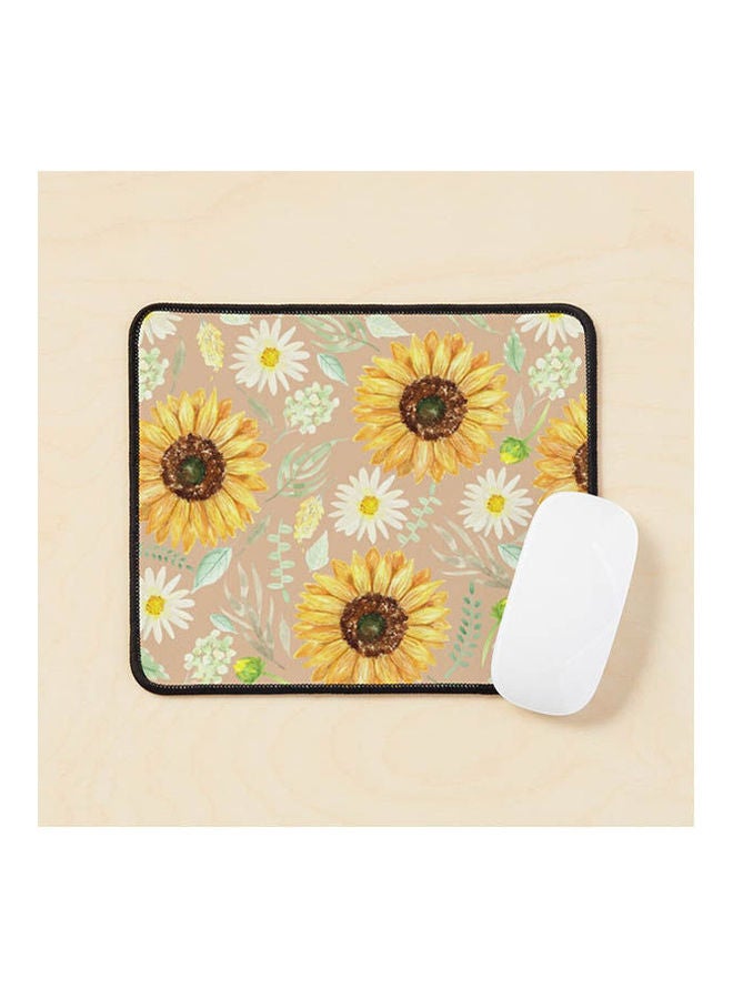 Sunflowers And Daisies Watercolor Art Pattern Beige Mouse Pad Multicolour