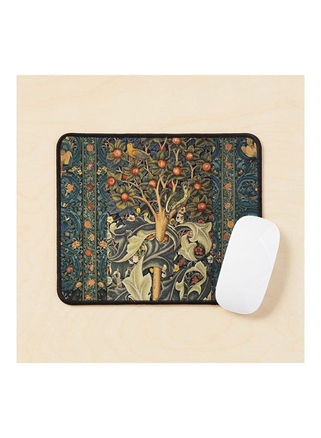 Generic Woodpecker In A Fruit Tree Birds Rabbits Leaves Blue Green Floral Mouse Pad Multicolour 