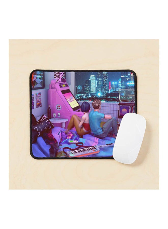 لوحة ماوس مزينة برسمة كلاسيكية لشخصان يشاهدان المدينة أثناء الليل متعدد الألوان