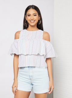 Aila Cold Shoulder Stripes Crop Top White  - Image 1