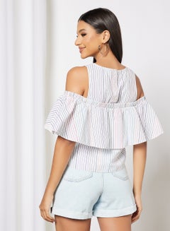 Aila Cold Shoulder Stripes Crop Top White  - Image 2