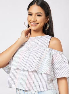 Aila Cold Shoulder Stripes Crop Top White  - Image 3