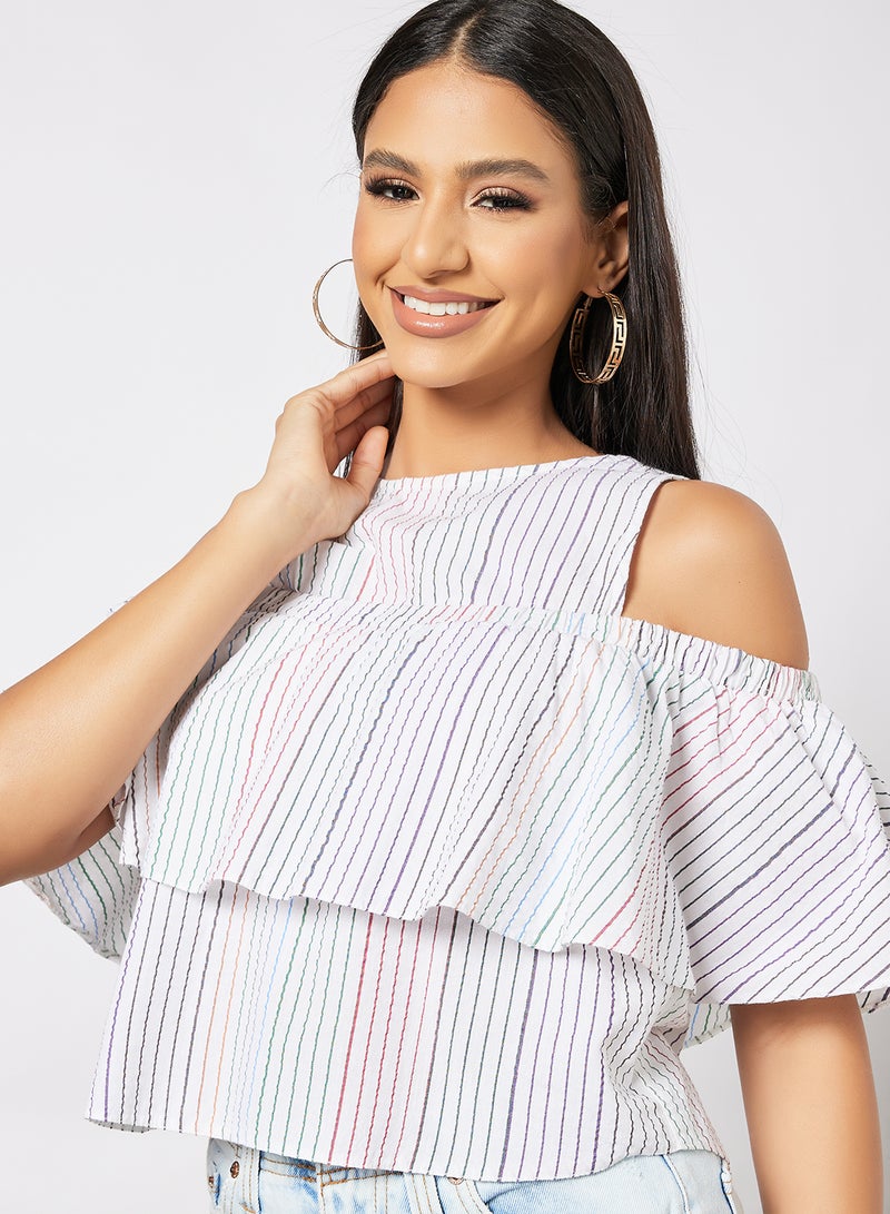 Aila - Cold Shoulder Stripes Crop Top White - Image 1