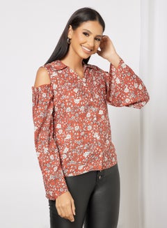 Collared Neck Floral Printed Shirt White