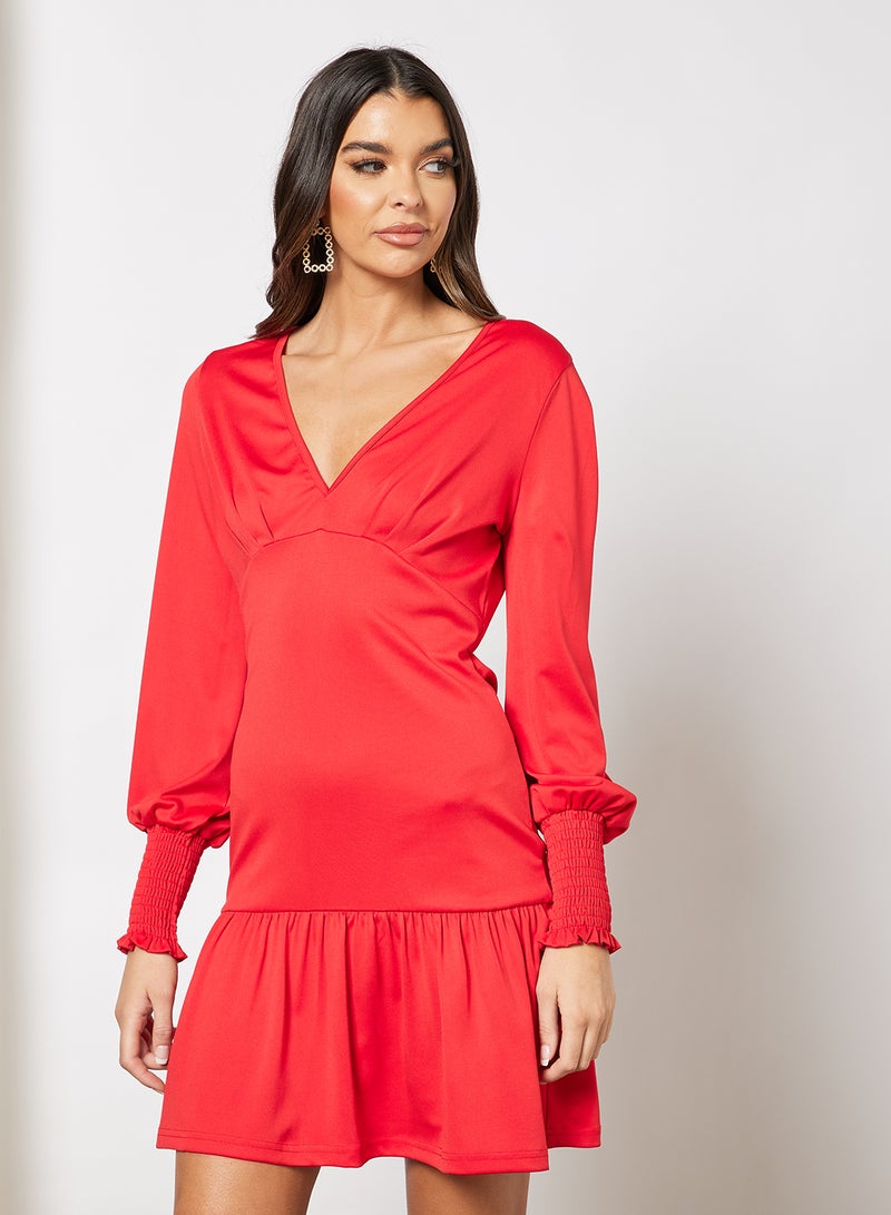 Aila Women V-Neck Long Puff Sleeve Ruffle Hem Dress Red  - Image 1