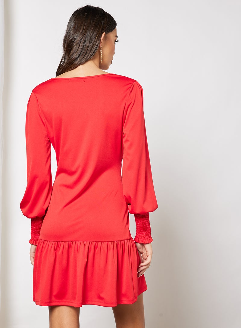Aila Women V-Neck Long Puff Sleeve Ruffle Hem Dress Red  - Image 2