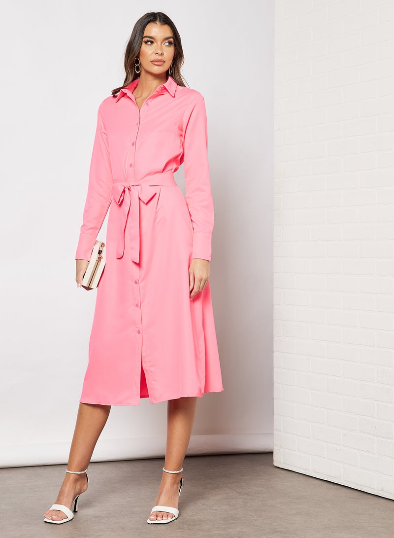 Front Button Self Tie Long Dress pink