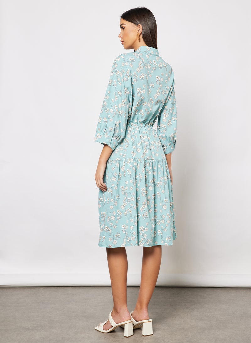 Aila - All Over Print Self Tie Casual Dress Light Green - Image 1