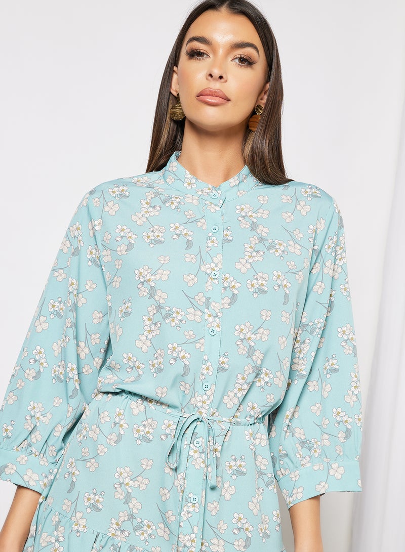 Aila - All Over Print Self Tie Casual Dress Light Green - Image 1