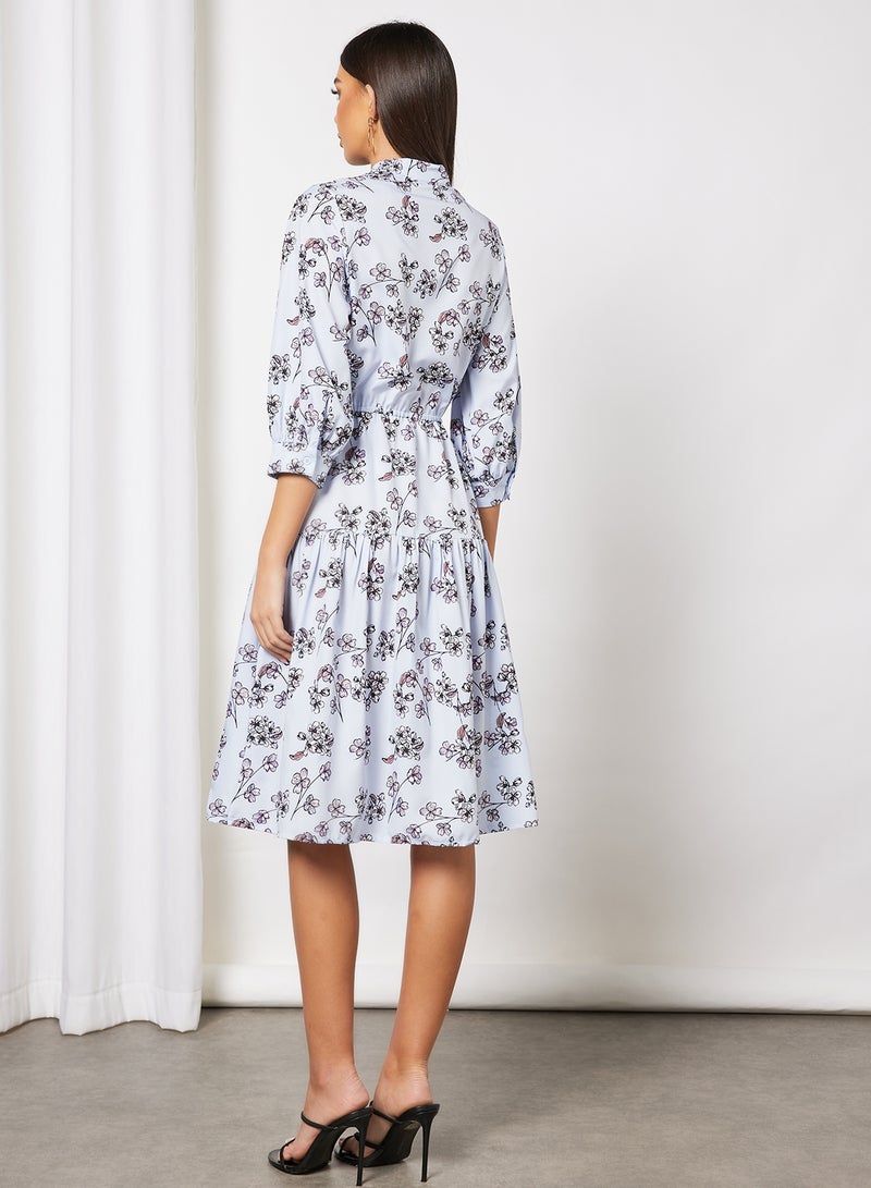 Aila - All Over Print Self Tie Casual Dress Light Blue - Image 1