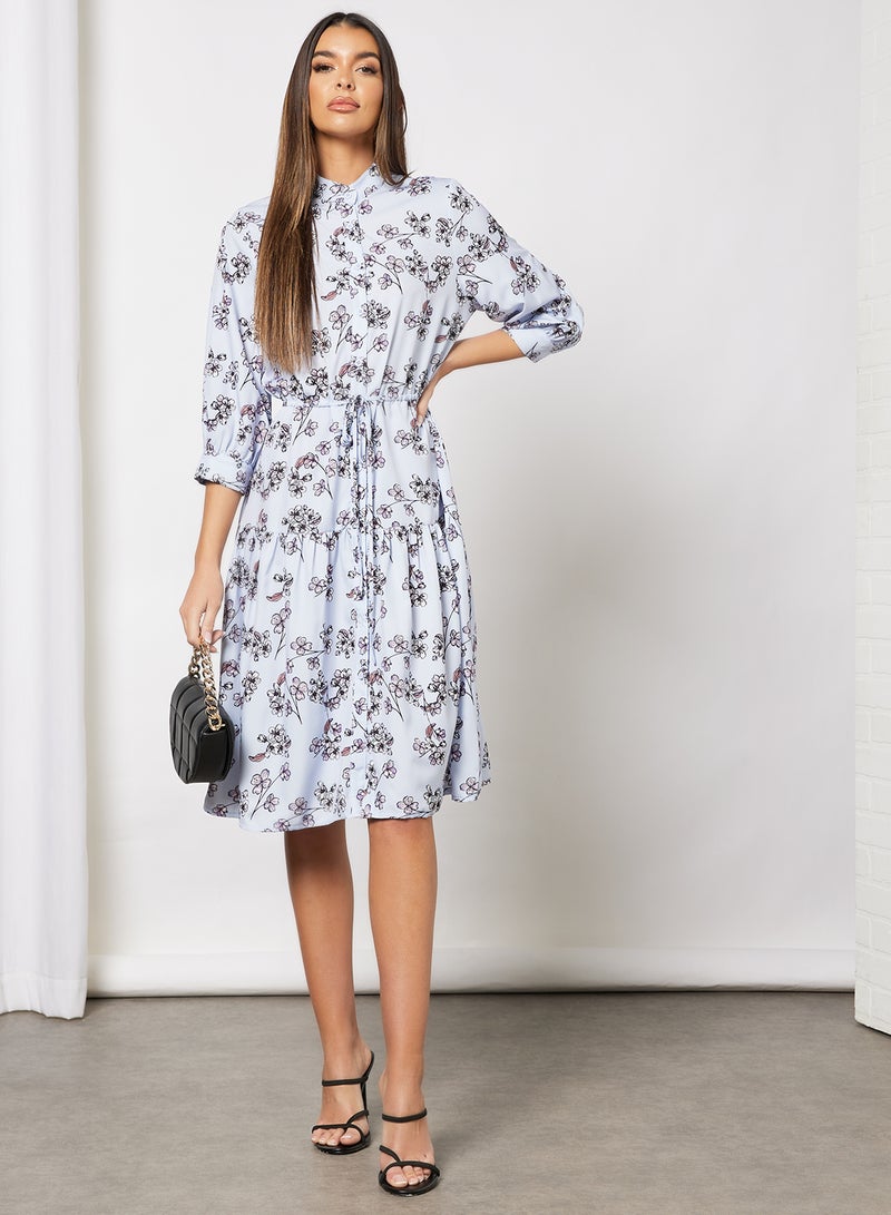 Aila - All Over Print Self Tie Casual Dress Light Blue - Image 1