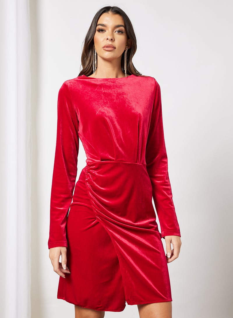 Aila - Plain Sleeve Side Punched Velvet Dress Red - Image 1