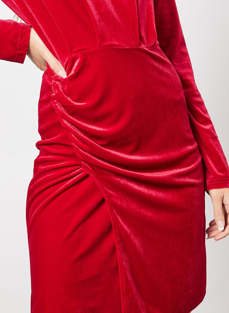 Aila - Plain Sleeve Side Punched Velvet Dress Red - Image 1