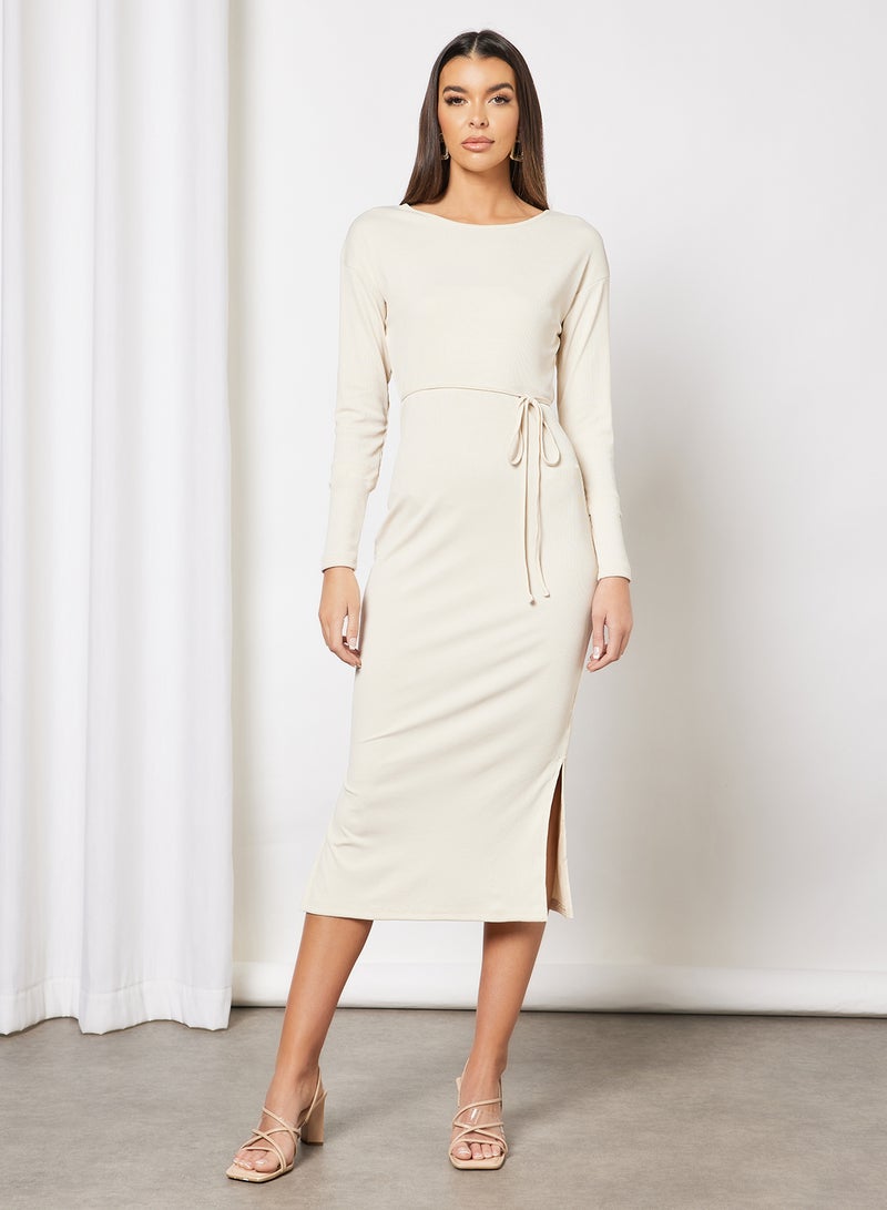 Aila - Smock Neck Self Waist Side Split Dress Beige - Image 1