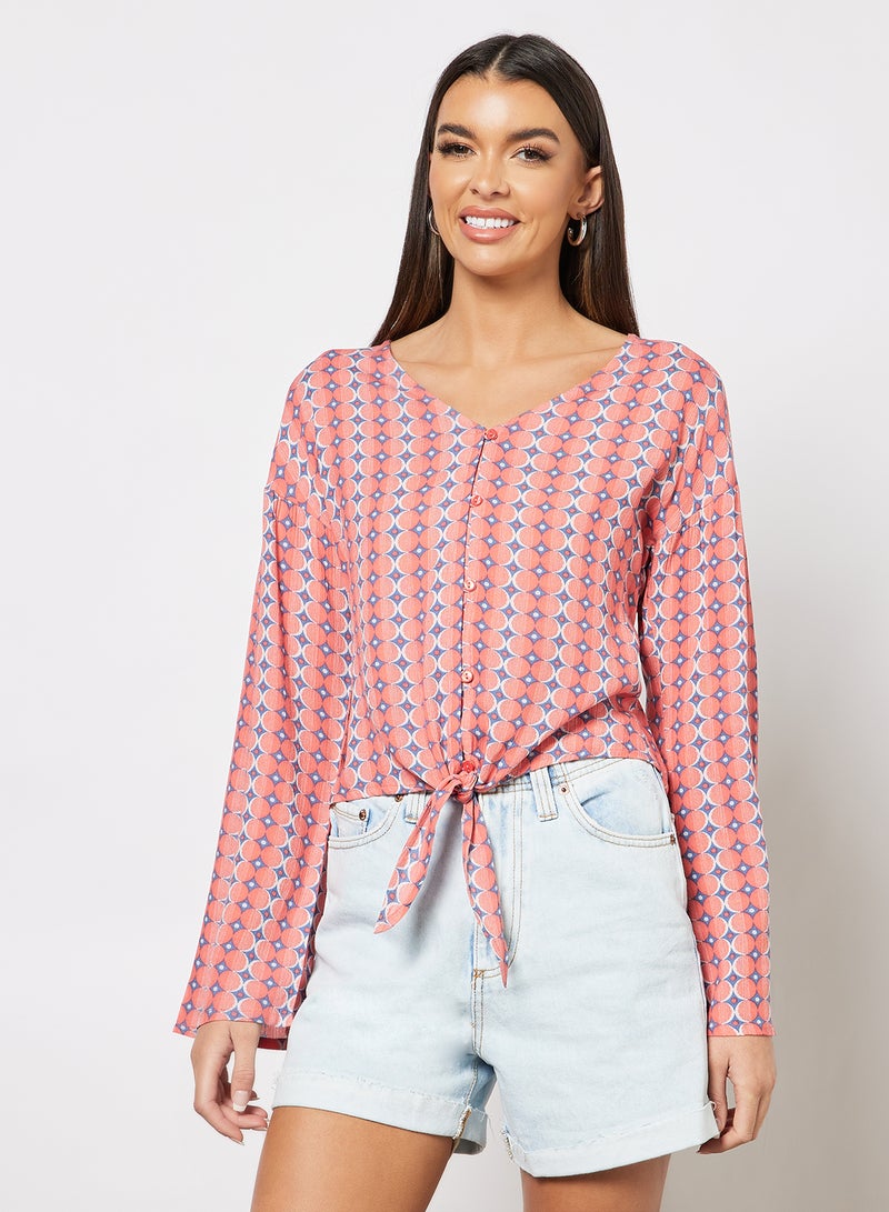 Aila Stylish Long Sleeves Crop Top Printed V Neck Red  - Image 1