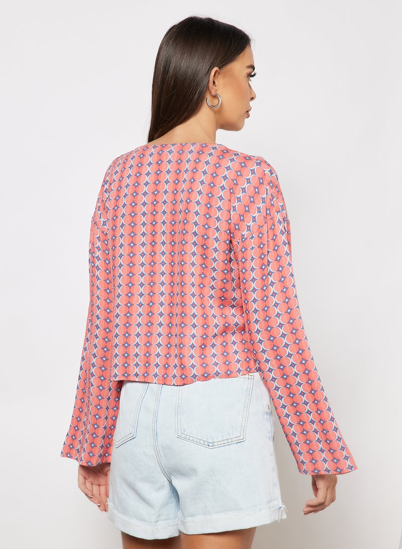 Aila Stylish Long Sleeves Crop Top Printed V Neck Red  - Image 2