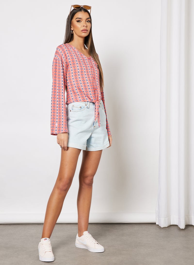 Aila Stylish Long Sleeves Crop Top Printed V Neck Red  - Image 4