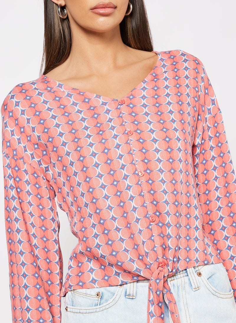 Aila Stylish Long Sleeves Crop Top Printed V Neck Red  - Image 3
