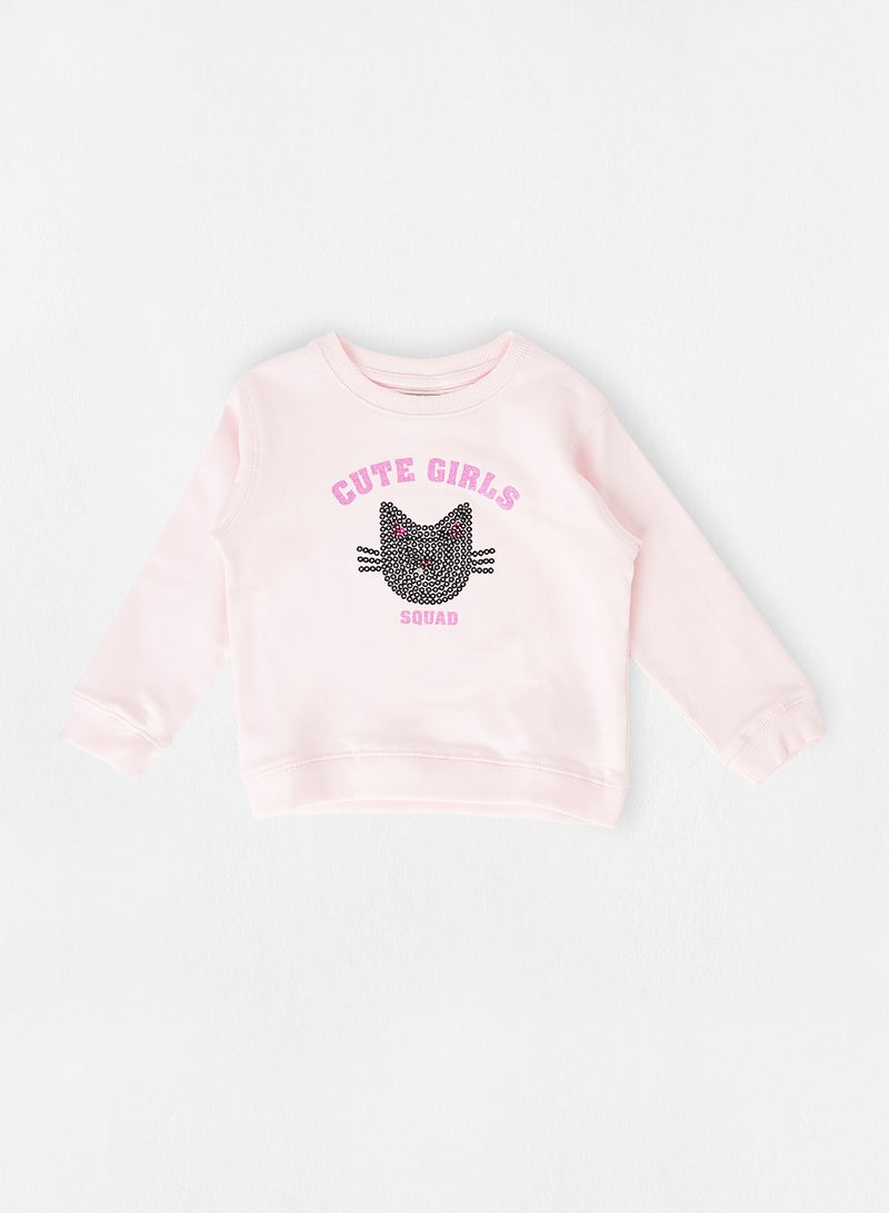 R&B - Printed Round Neck Comfortable Sweatshirt Baby Pink - Image 1