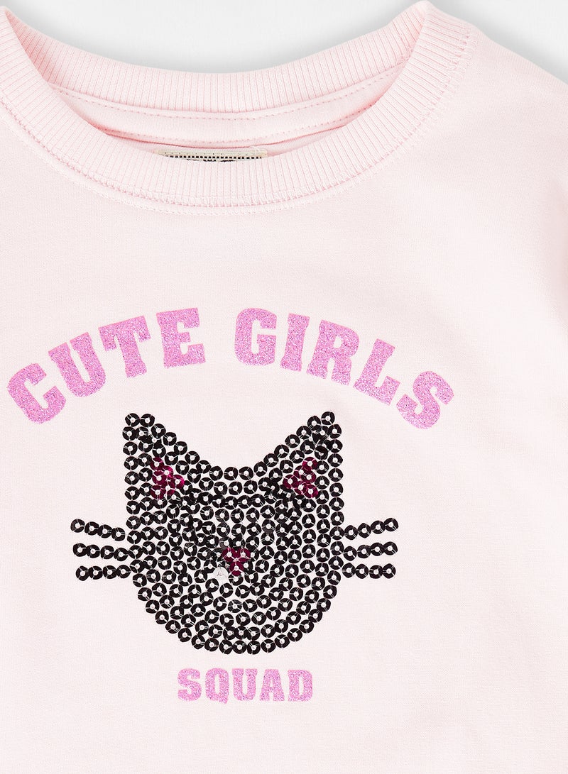 R&B - Printed Round Neck Comfortable Sweatshirt Baby Pink - Image 1