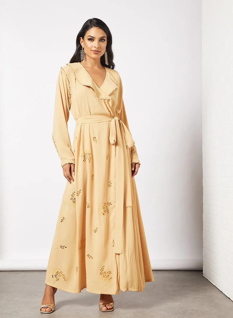 7EVENTY3 Cut-Work Embroidered Belted Abaya Yellow