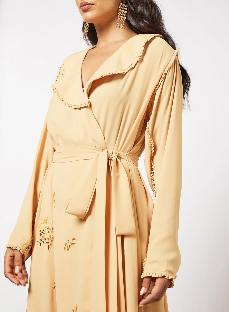 7EVENTY3 Cut-Work Embroidered Belted Abaya Yellow