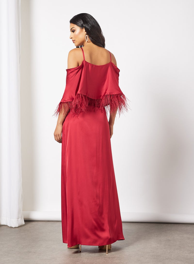 RVVIVA Fringe Detailed Overlay Dress Maroon  - Image 2