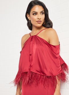 RVVIVA Fringe Detailed Overlay Dress Maroon  - Image 3