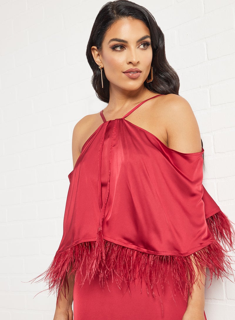 RVVIVA Fringe Detailed Overlay Dress Maroon  - Image 3