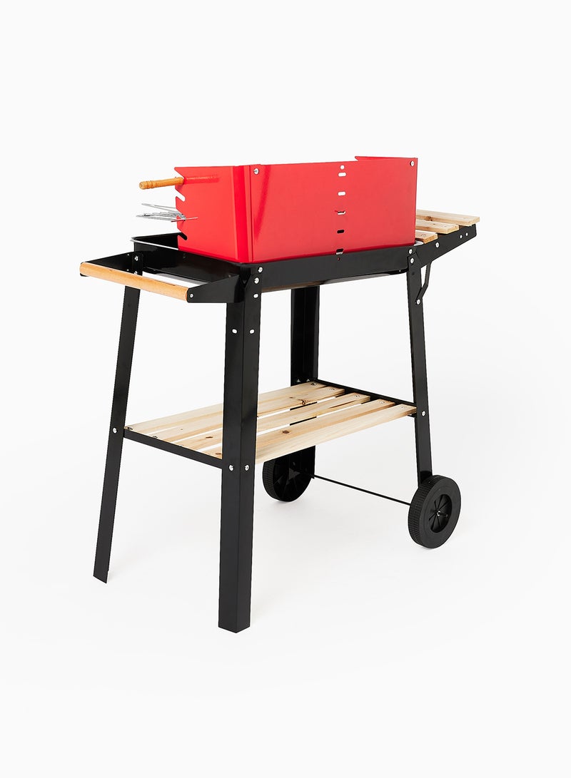 Noon East - Charcoal Barbeque Grill With Stand, Side Shelves And Wheels For Outdoor Cooking And BBQ Red-Black/Sqaure - Image 1