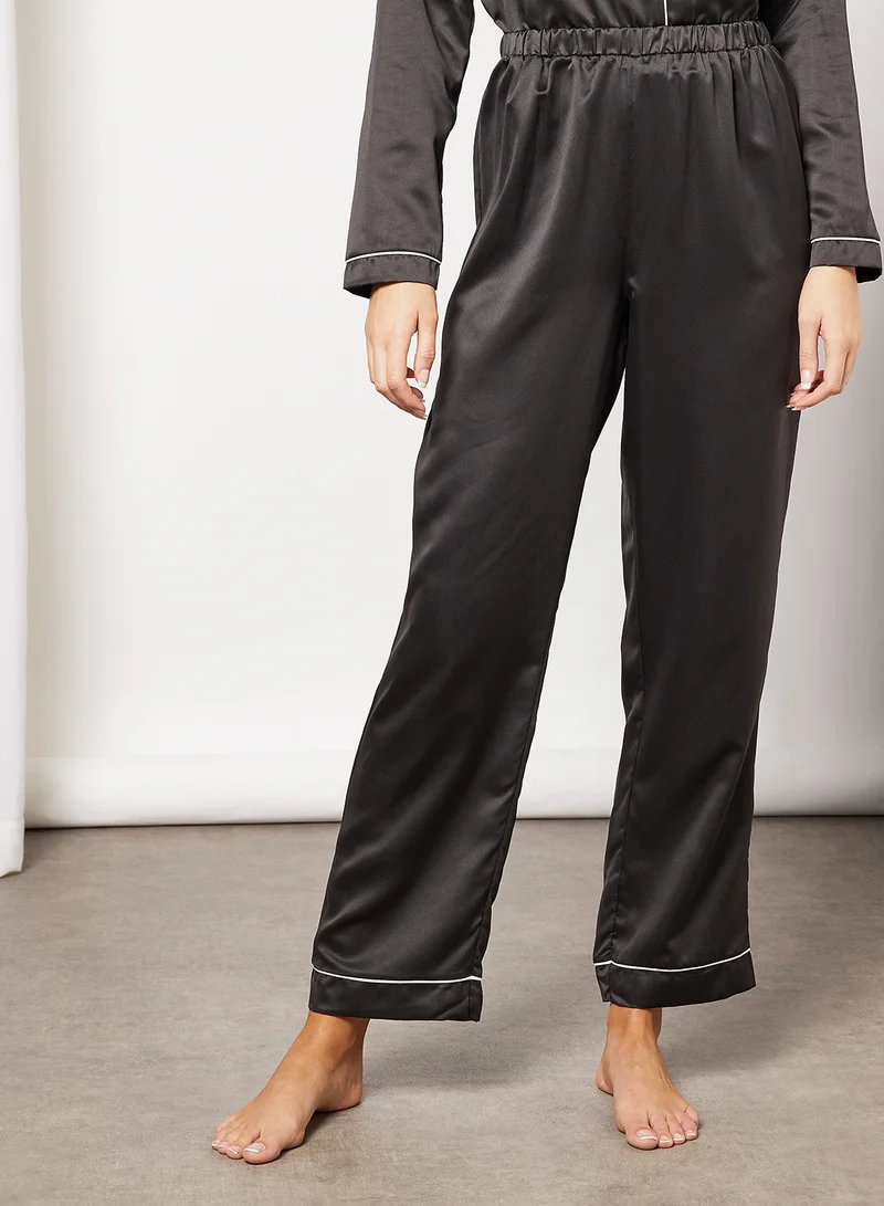 Loungeable Contrast Piping Satin Pyjama Set Black