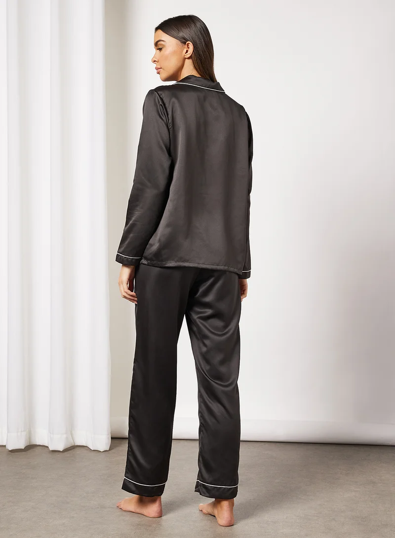 Loungeable Contrast Piping Satin Pyjama Set Black