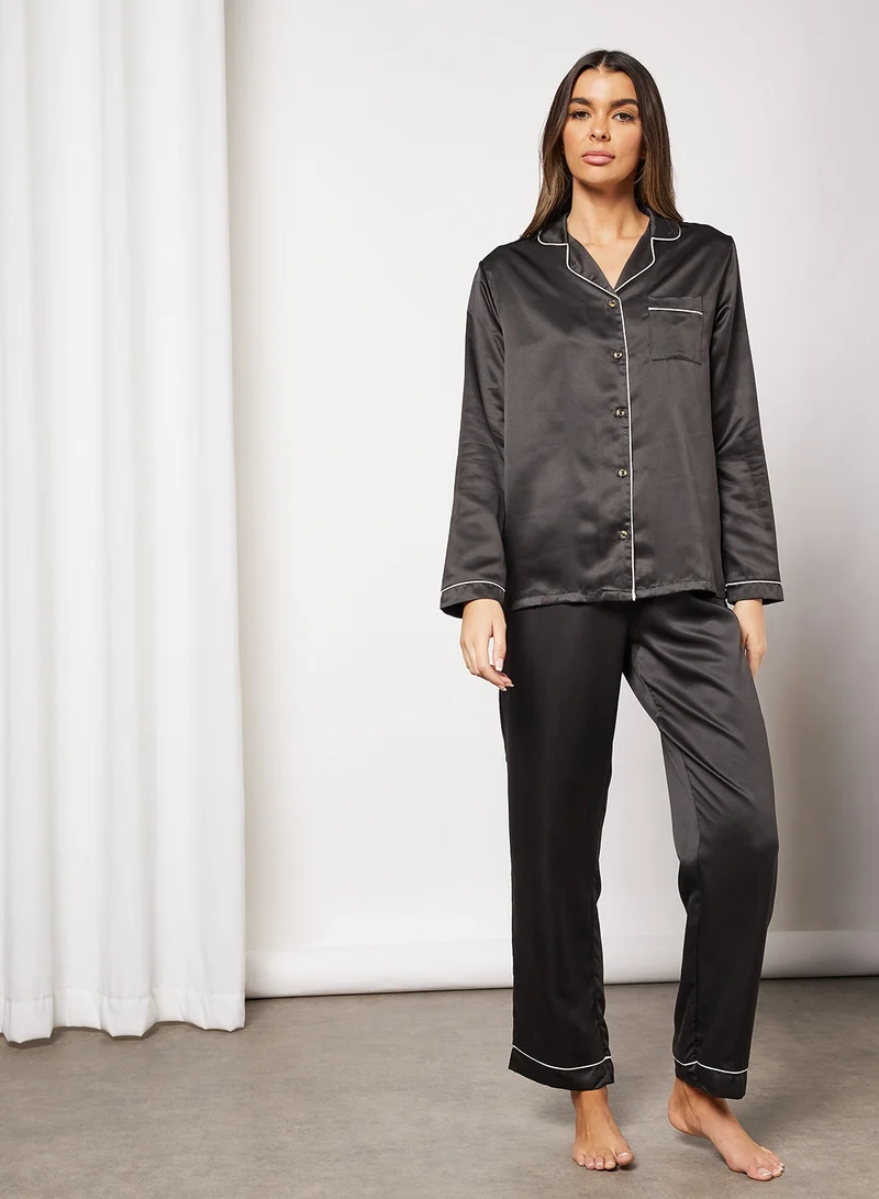 Loungeable Contrast Piping Satin Pyjama Set Black