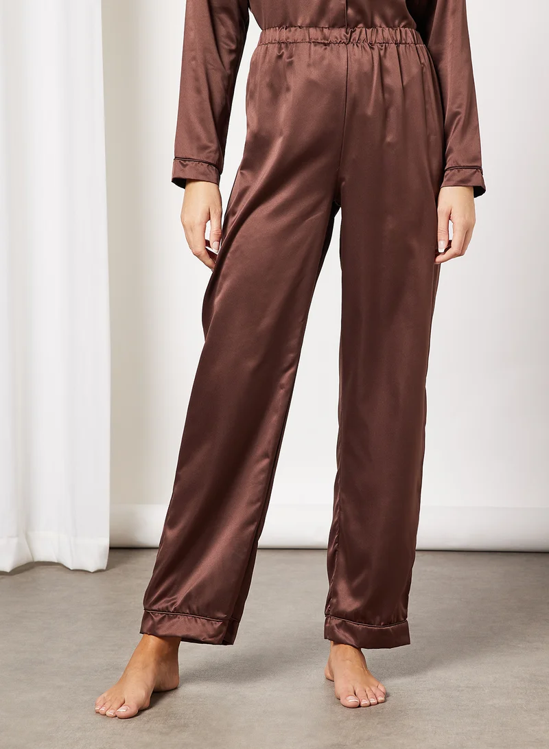 Loungeable Basic Satin Pyjama Set Brown