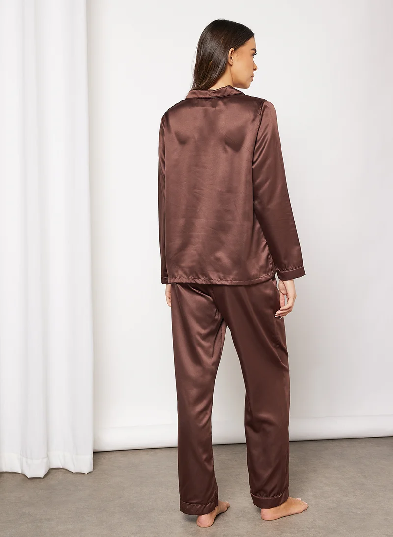 Loungeable Basic Satin Pyjama Set Brown