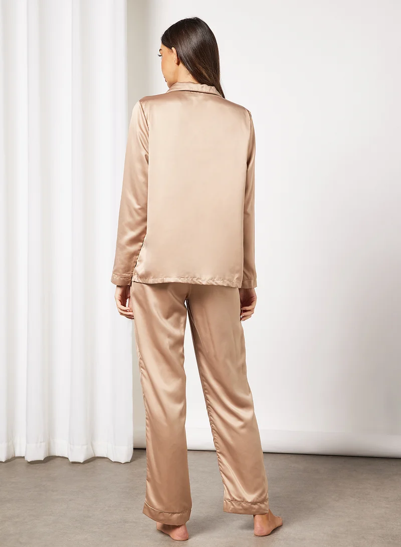 Loungeable Basic Satin Pyjama Set Beige