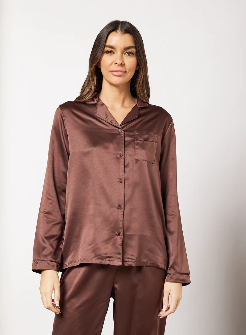 Loungeable Basic Satin Pyjama Set Brown