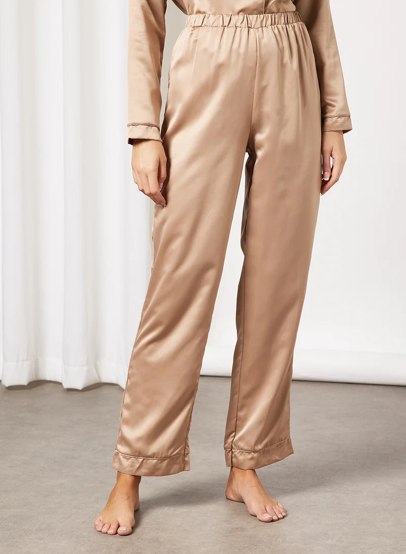Loungeable Basic Satin Pyjama Set Beige