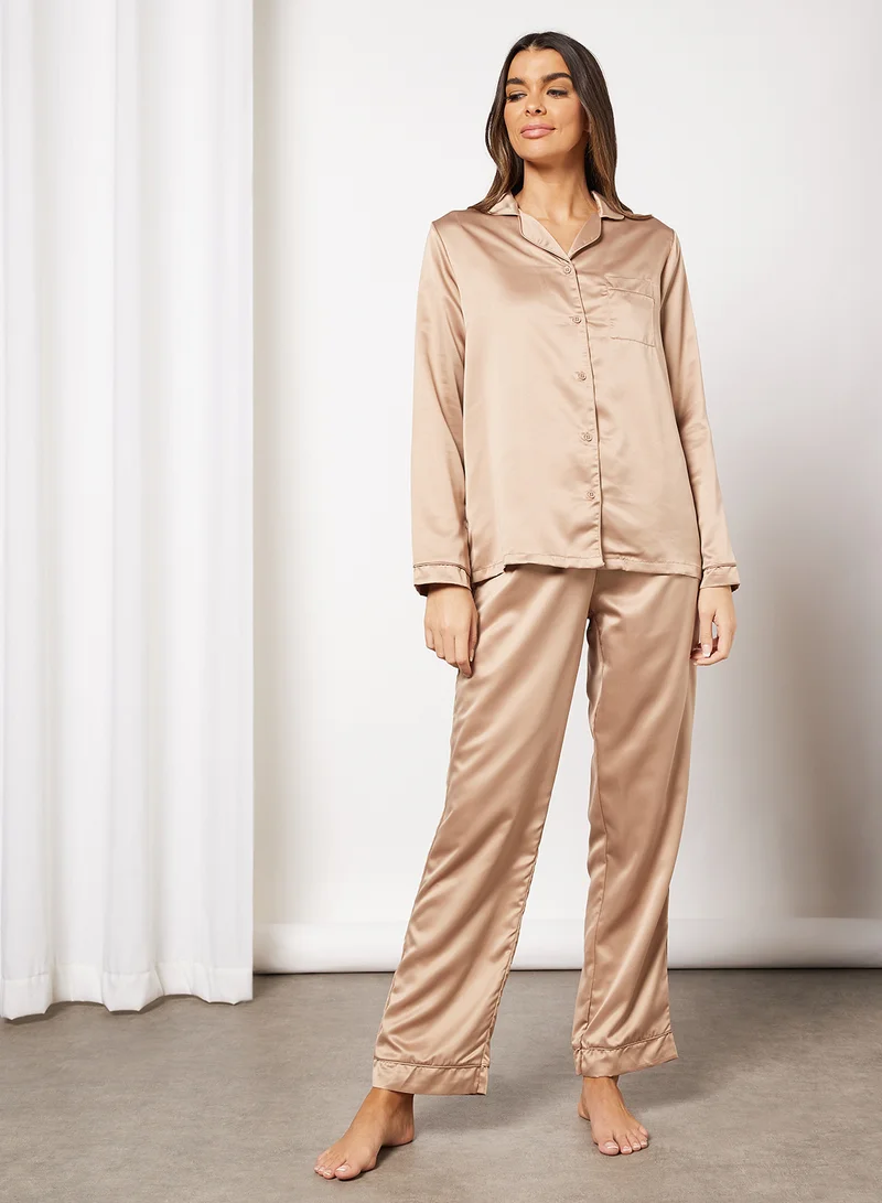 Loungeable Basic Satin Pyjama Set Beige